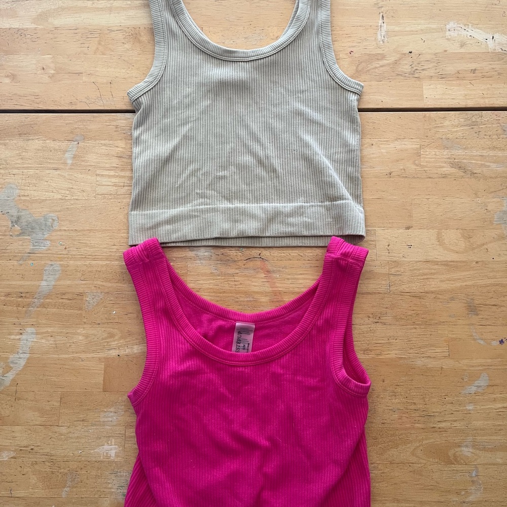 One Step Ahead Ribbed Tank Tops - Hot Pink & Beige
